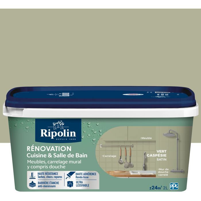 Ripolin Kitchen and Bathroom Renovation Paint - Gaspé Green - Satin - 2 L