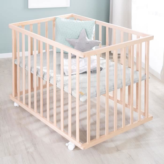 ROBA Baby Playpen - 75 x 100 cm - Grey 'Roba Style' Playmat - Natural Wood