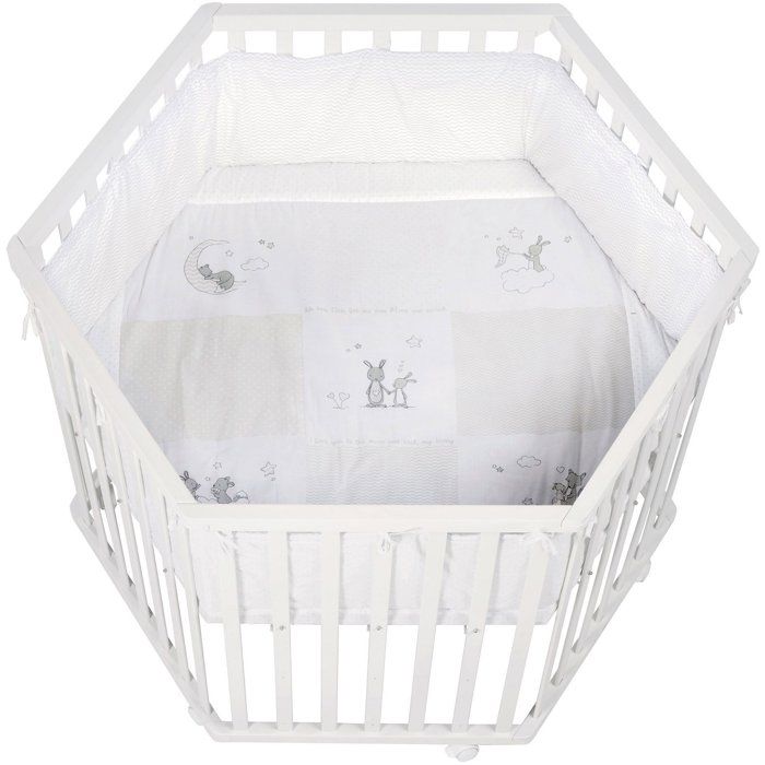 ROBA Hexagonal Playpen - FOX & BUNNY - From Birth up to 15 kg - Adjustable - Wheels - White Lacquered