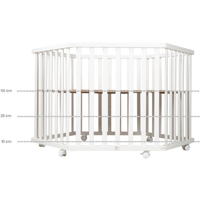 ROBA Hexagonal Playpen - FOX & BUNNY - From Birth up to 15 kg - Adjustable - Wheels - White Lacquered