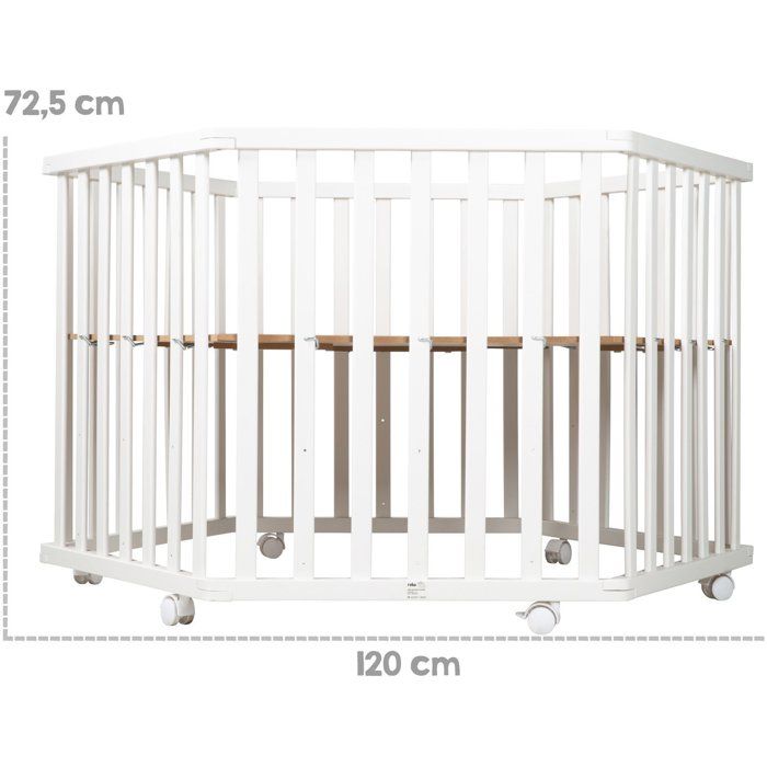ROBA Hexagonal Playpen - FOX & BUNNY - From Birth up to 15 kg - Adjustable - Wheels - White Lacquered