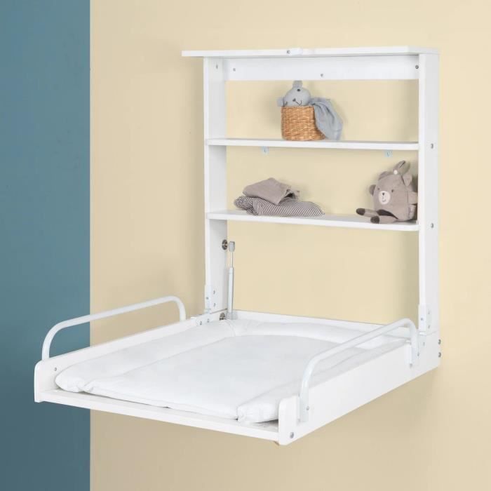 ROBA Wall-Mounted Folding Changing Table - Waterproof Mattress Included - White Lacquered Wood