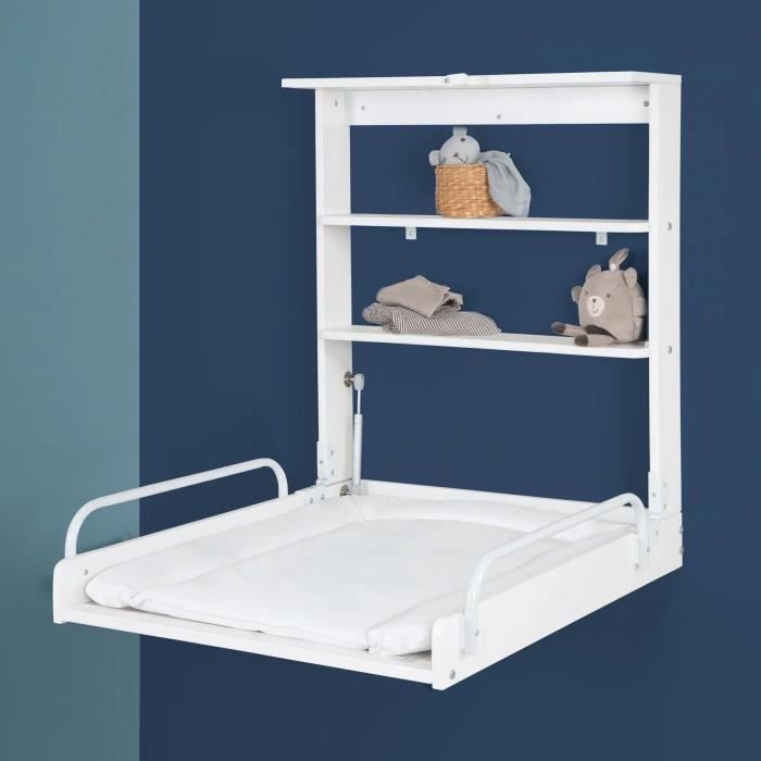 ROBA Wall-Mounted Folding Changing Table - Waterproof Mattress Included - White Lacquered Wood