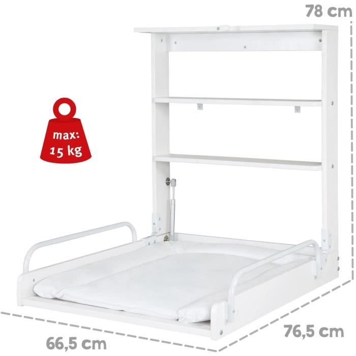 ROBA Wall-Mounted Folding Changing Table - Waterproof Mattress Included - White Lacquered Wood