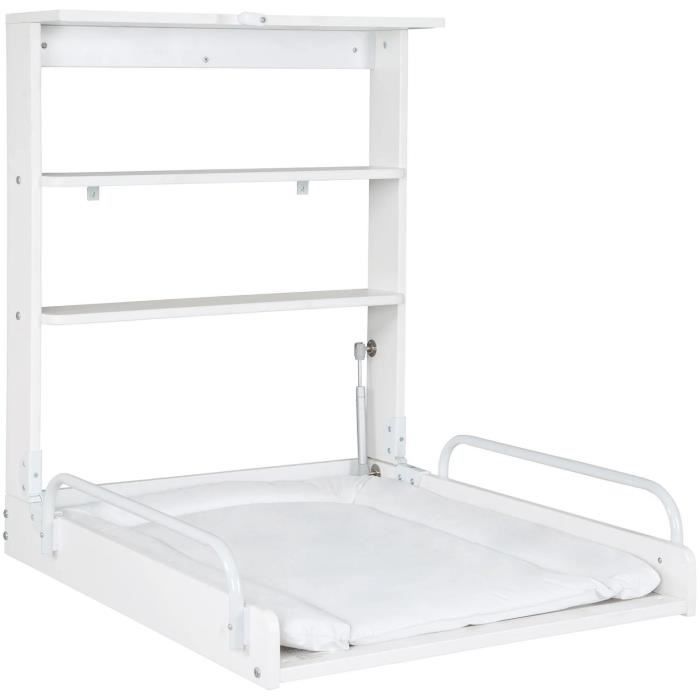 ROBA Wall-Mounted Folding Changing Table - Waterproof Mattress Included - White Lacquered Wood