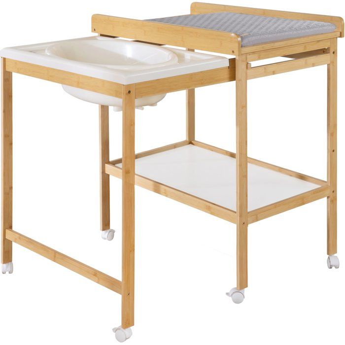 ROBA Changing Table with Sliding Bathtub - Water-Repellent Mattress Included - Natural Bamboo