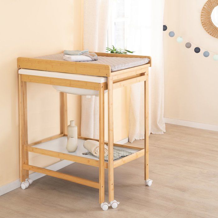 ROBA Changing Table with Sliding Bathtub - Water-Repellent Mattress Included - Natural Bamboo