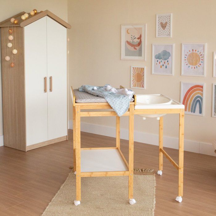 ROBA Changing Table with Sliding Bathtub - Water-Repellent Mattress Included - Natural Bamboo