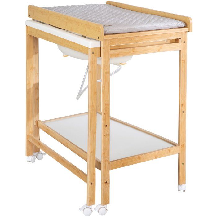 ROBA Changing Table with Sliding Bathtub - Water-Repellent Mattress Included - Natural Bamboo