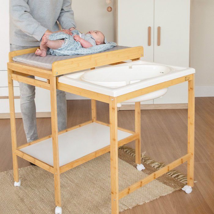 ROBA Changing Table with Sliding Bathtub - Water-Repellent Mattress Included - Natural Bamboo