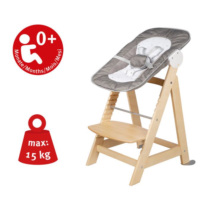 ROBA Born Up 2-in-1 Convertible High Chair + Reclining Bouncer - Sternenzauber - Natural Wood - From Birth
