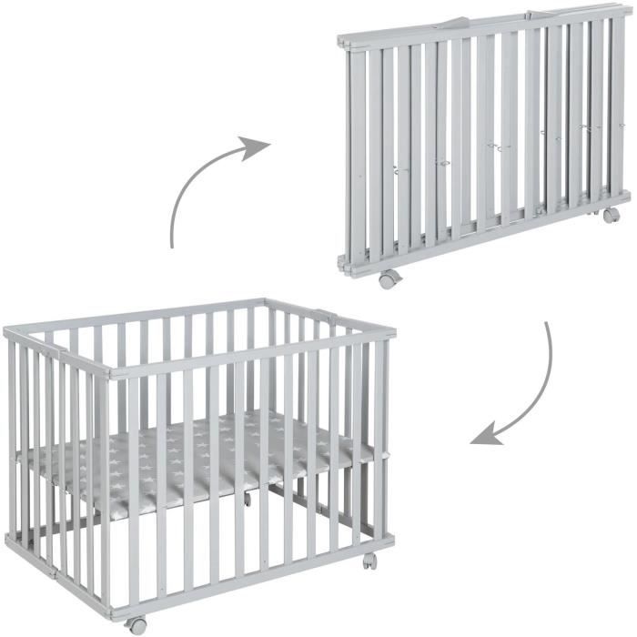 ROBA Foldable Baby Playpen - LITTLE STARS - 75 x 100 cm - Adjustable Height - 4 Braked Wheels - Taupe Grey Lacquered Wood