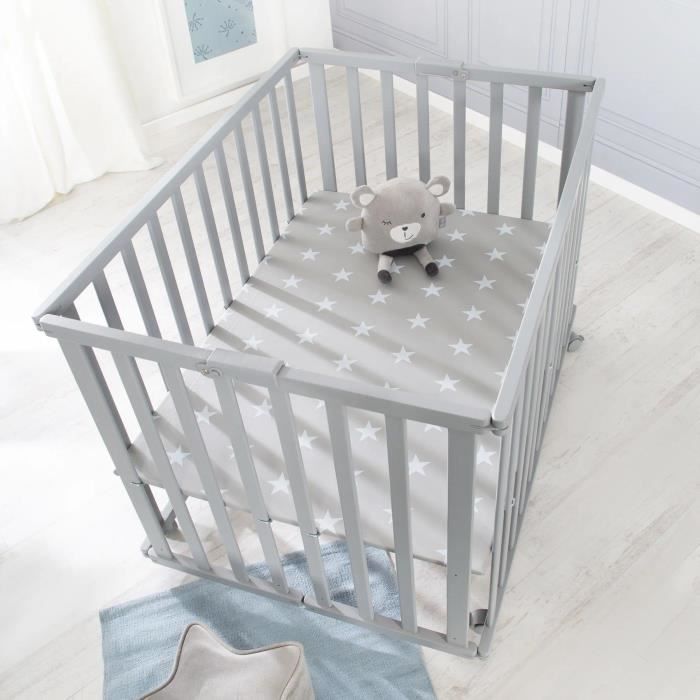 ROBA Foldable Baby Playpen - LITTLE STARS - 75 x 100 cm - Adjustable Height - 4 Braked Wheels - Taupe Grey Lacquered Wood
