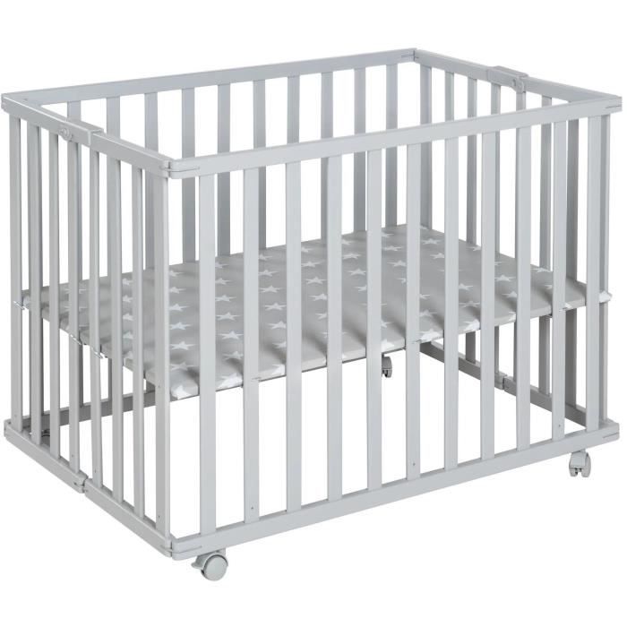 ROBA Foldable Baby Playpen - LITTLE STARS - 75 x 100 cm - Adjustable Height - 4 Braked Wheels - Taupe Grey Lacquered Wood