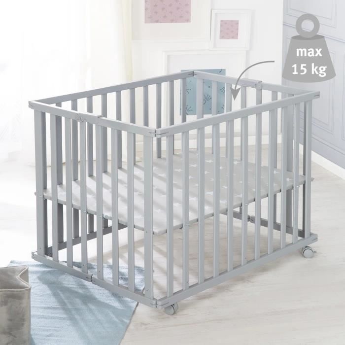 ROBA Foldable Baby Playpen - LITTLE STARS - 75 x 100 cm - Adjustable Height - 4 Braked Wheels - Taupe Grey Lacquered Wood