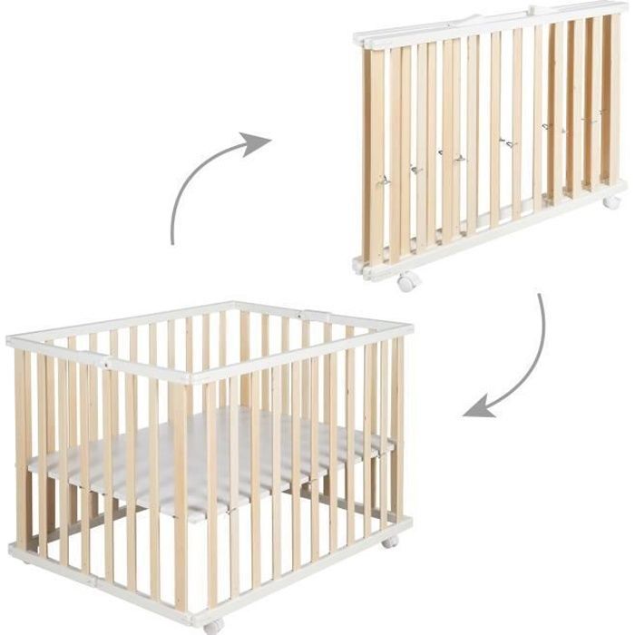ROBA Folding Baby Playpen - 75 x 100 cm - Height Adjustable - Wheels - Wood/ White