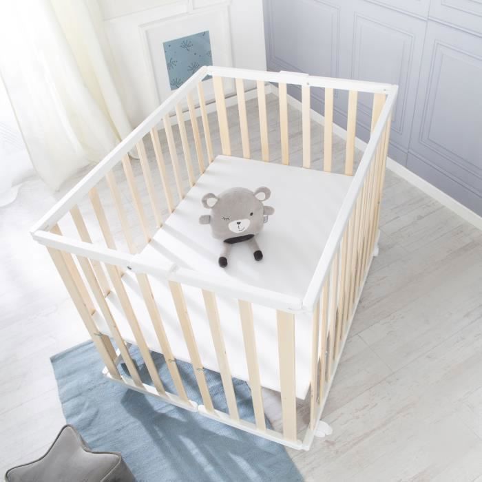 ROBA Folding Baby Playpen - 75 x 100 cm - Height Adjustable - Wheels - Wood/ White