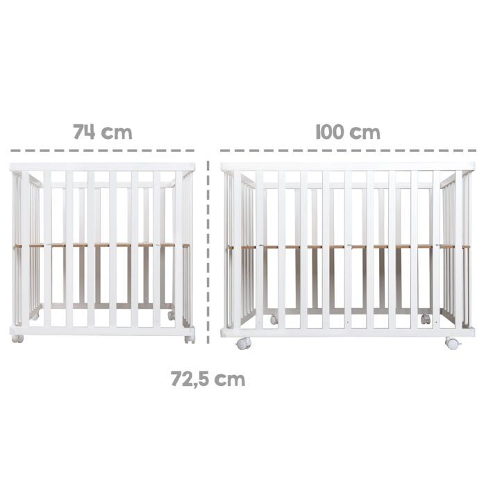 ROBA Folding Baby Playpen - 75 x 100 cm - Height Adjustable - Wheels - Wood/ White