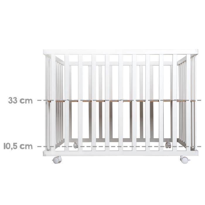 ROBA Folding Baby Playpen - 75 x 100 cm - Height Adjustable - Wheels - Wood/ White