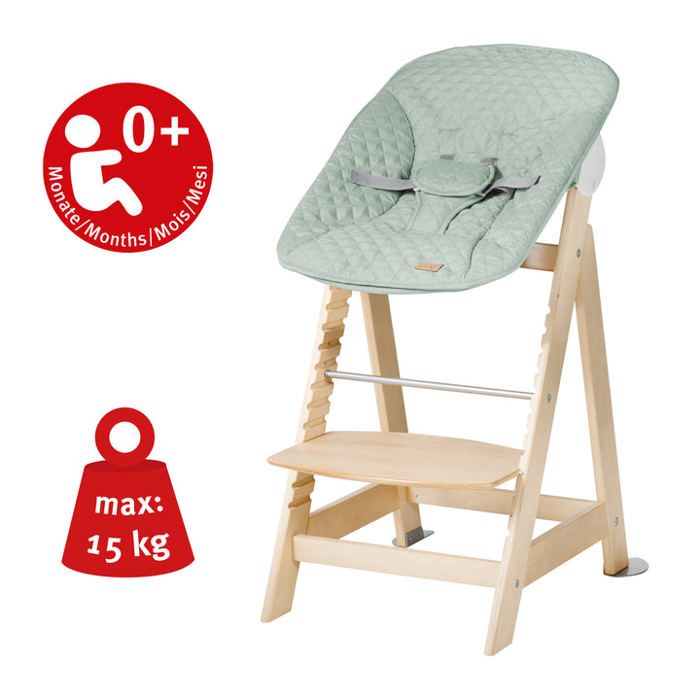ROBA 2-in-1 Convertible High Chair - Natural Wood - Includes Frosted Green Reclining Bouncer