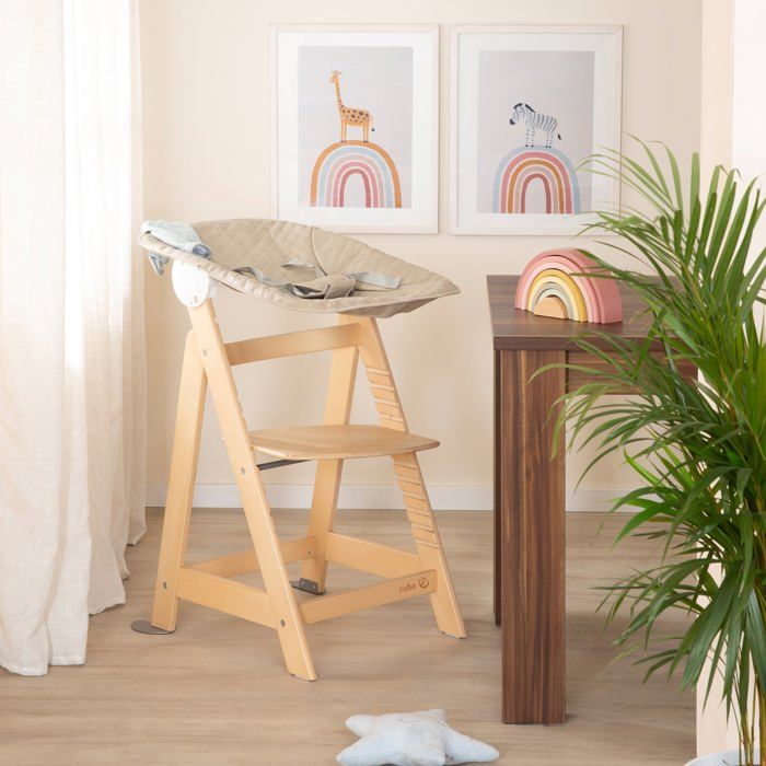 ROBA 2-in-1 Convertible High Chair - Natural Wood - Includes Greyish Quilted Recliner