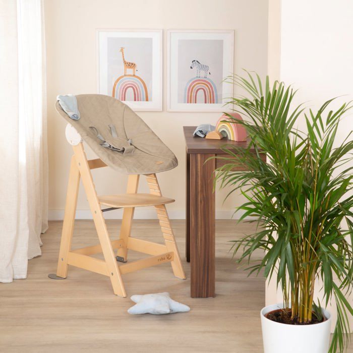 ROBA 2-in-1 Convertible High Chair - Natural Wood - Includes Greyish Quilted Recliner