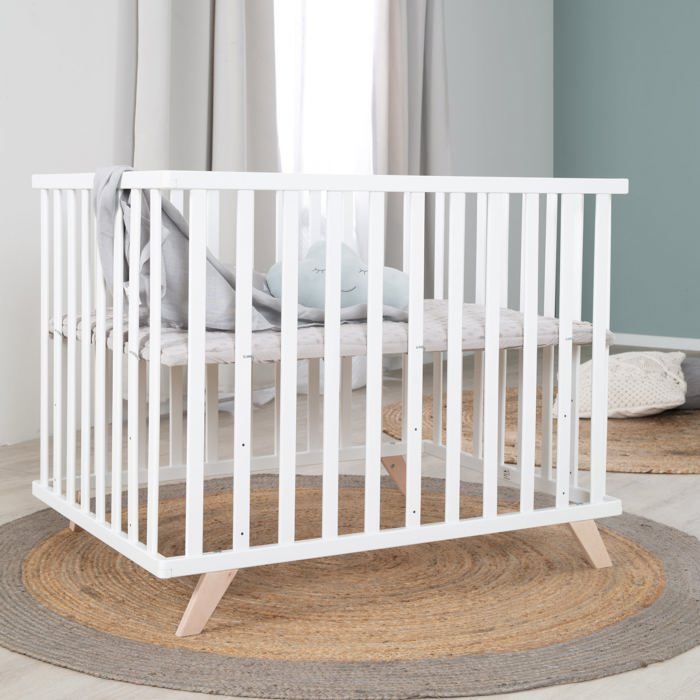ROBA - Baby Playpen - 75 x 100 cm - Grey 'Lil Planet' Playmat Included - White Lacquered Wood
