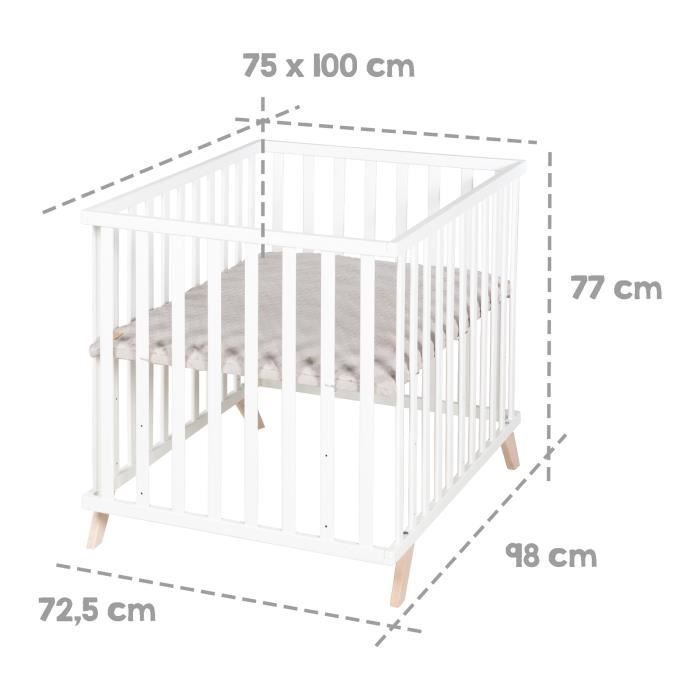 ROBA - Baby Playpen - 75 x 100 cm - Grey 'Lil Planet' Playmat Included - White Lacquered Wood