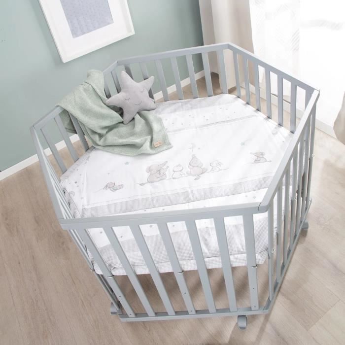 ROBA Hexagonal Baby Playpen - STERNENZAUBER - Padded Cover - Grey Lacquered Wood