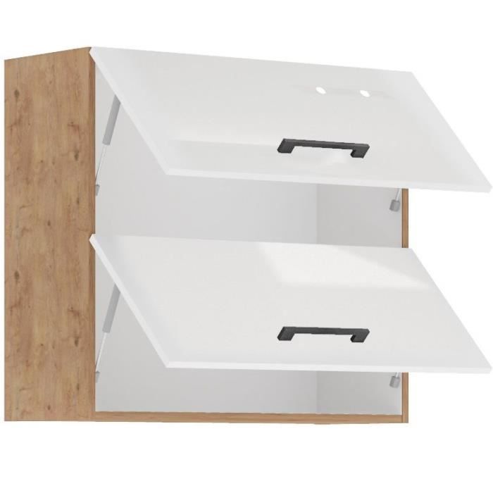 ROCK - Meuble haut - Mélaminé chene Lancelot et Blanc brillant - 80 cm - 2 portes basculantes