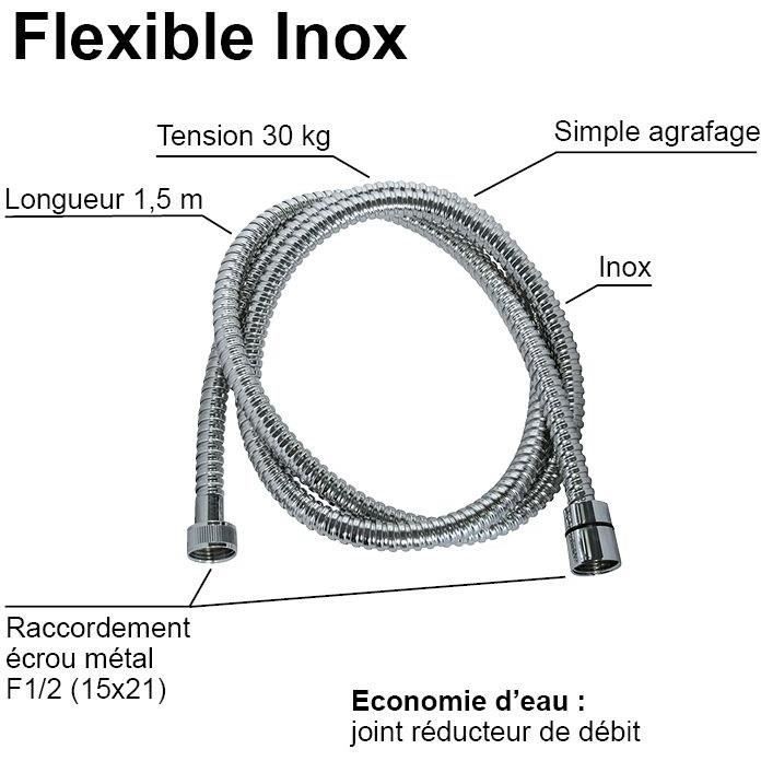 ROUSSEAU Shower Hose - Metal Nuts - Safety Crimps - 1.50 m Length - Chrome-Plated Stainless Steel