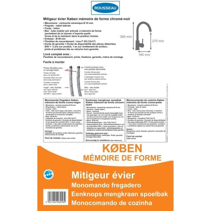 Edouard Rousseau - KOBEN Shape Memory Kitchen Mixer Tap - Black/ Chrome