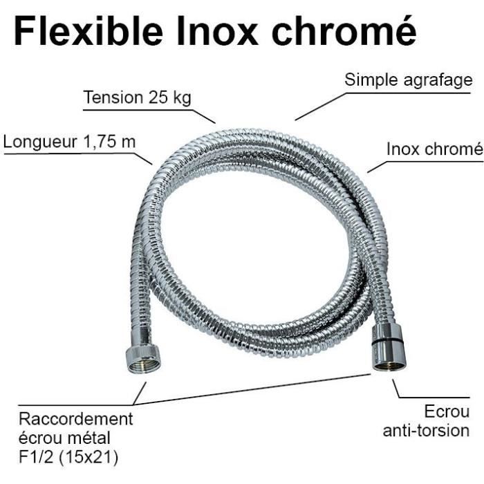 ROUSSEAU Shower Hose - 1.75 m - Anti-twist Metal Nuts - Chrome-plated Stainless Steel