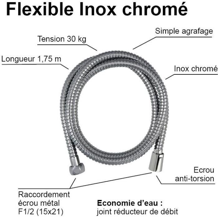 ROUSSEAU Shower Hose - 1.75 m - Anti-twist Metal Nut - Safety Crimps