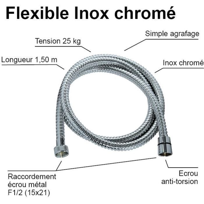 ROUSSEAU Shower Hose - 1.50 m - Universal Fitting - Chrome-plated Stainless Steel