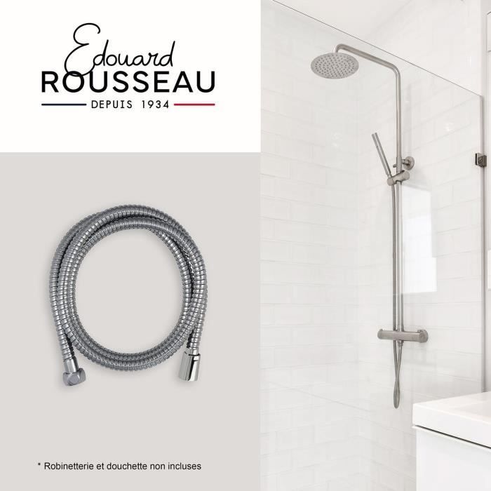 ROUSSEAU Shower Hose - 2 m - Anti-twist Metal Nuts - Flow Reduction - Chrome-plated Stainless Steel