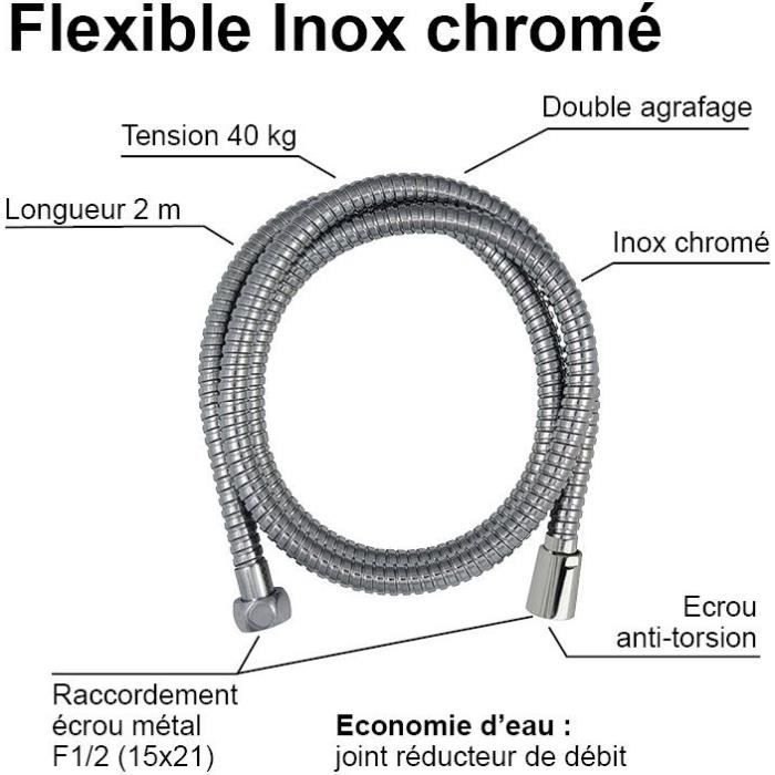 ROUSSEAU Shower Hose - 2 m - Anti-twist Metal Nuts - Flow Reduction - Chrome-plated Stainless Steel