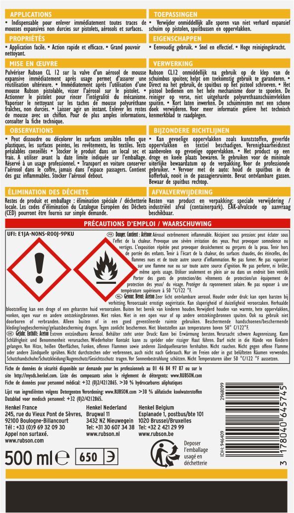 RUBSON Expanding Foam Cleaning Aerosol - CL 12 - 500 ml