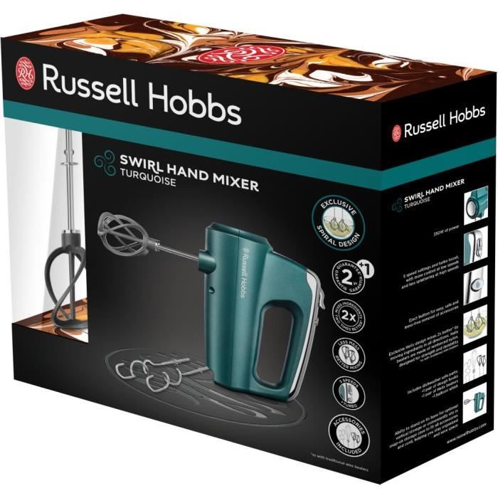 Russell Hobbs Swirl Mixer - 5 Speeds - Turbo Function - Dough Hook - Whisks - Turquoise