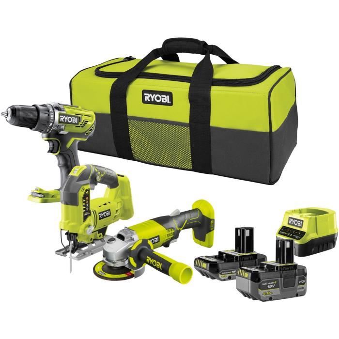 RYOBI 3-Tool Set: R18DD3 Drill/Driver, 115 mm Angle Grinder, Jigsaw, 2 Batteries & Charger