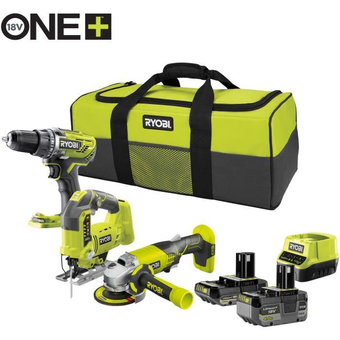 RYOBI 3-Tool Set: R18DD3 Drill/Driver, 115 mm Angle Grinder, Jigsaw, 2 Batteries & Charger