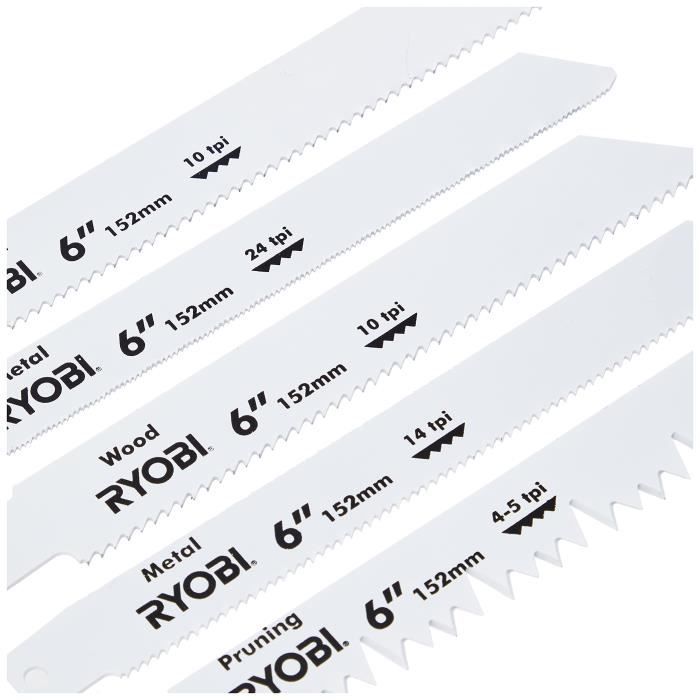 RYOBI - Blister Pack of 6 Assorted Reciprocating Saw Blades, 100/152 mm Length, for Wood and Metal - RAK06RB
