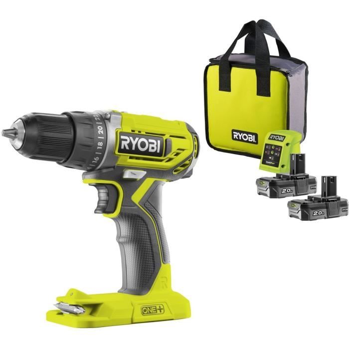 RYOBI 18V ONE+ Compact Drill/Driver - 2 x 2.0 Ah Lithium+ Batteries - 1.5 A Charger - Carry Bag - R18DD2-220S