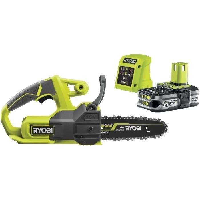 RYOBI 18V ONE+ Compact Chainsaw - 20 cm Guide Bar - 4.6 m/s - Side Tensioner + 2.5Ah Battery & 1.5A Charger - RY18CS20A-125