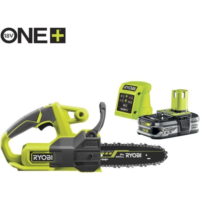 RYOBI 18V ONE+ Compact Chainsaw - 20 cm Guide Bar - 4.6 m/s - Side Tensioner + 2.5Ah Battery & 1.5A Charger - RY18CS20A-125