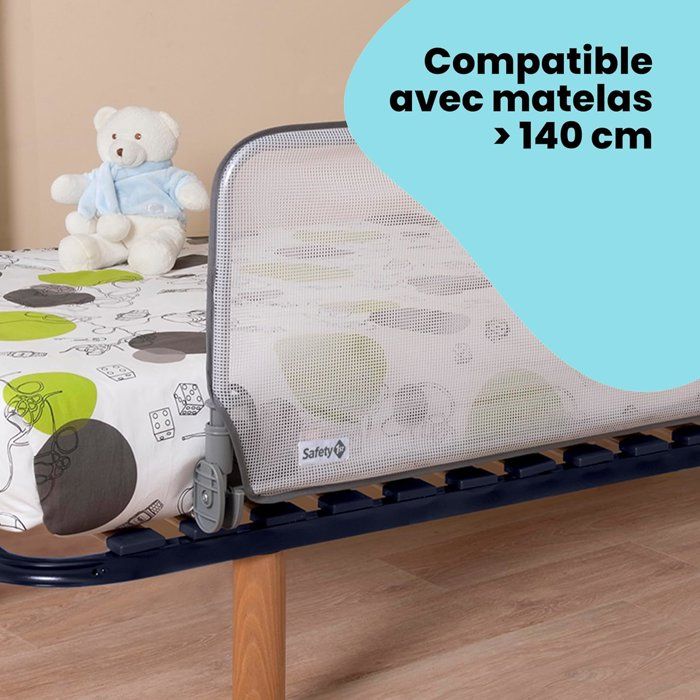 SAFETY 1ST Barriere de lit 90cm, 18 mois-5 ans, inclinable, Tissu lavable en maille, Auto-verrouillage, Gris/blanc