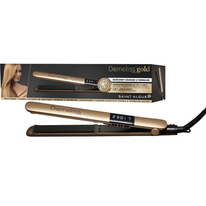 SAINT ALGUE 3963 - Demeliss GOLD Hair Straightener - Ceramic Coating - Ultra-Thin Floating Plates - 150 to 230 °C - Black/ Gold