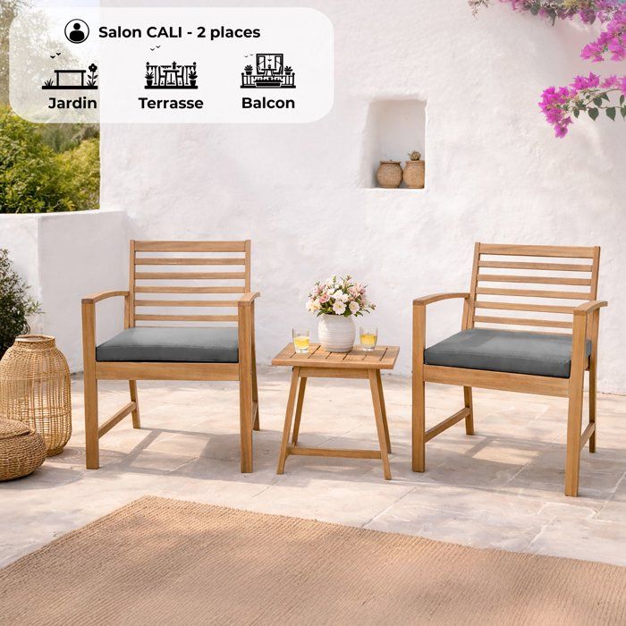 Cali Garden Lounge Set - FSC Acacia Wood - 2 Person - Grey
