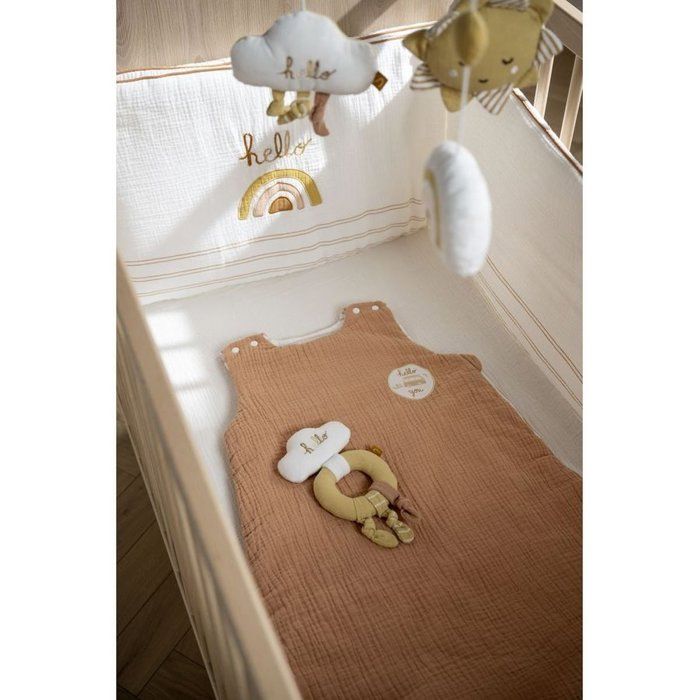 SAUTHON Adjustable Cot Bumper - SUNLIGHT - 100% Cotton - Ecru with Rainbow Pattern