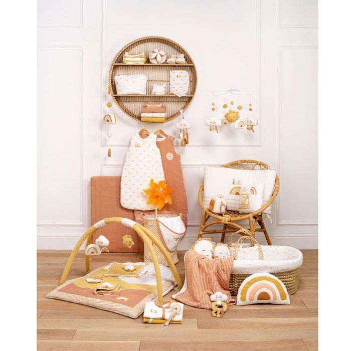 SAUTHON Adjustable Cot Bumper - SUNLIGHT - 100% Cotton - Ecru with Rainbow Pattern